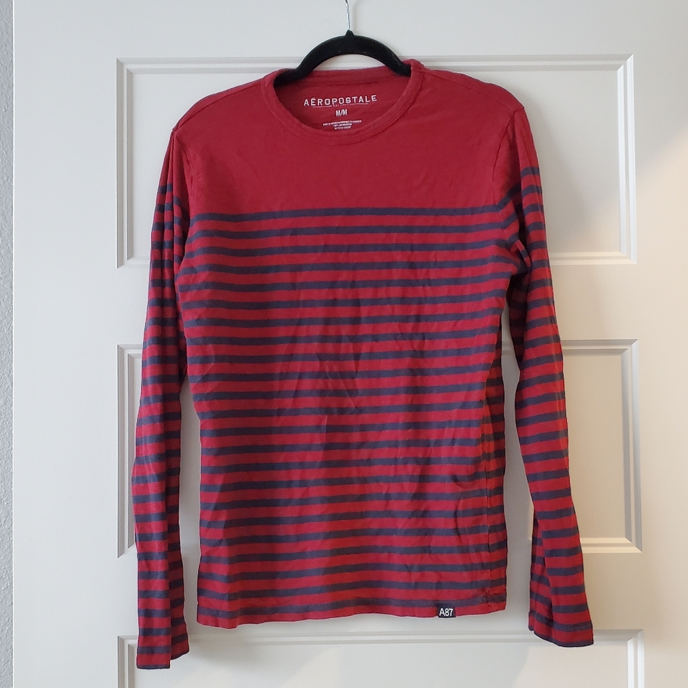 Aeropostale Red Striped Long Sleeve Shirt, Medium, Red and blue stripes, Men's